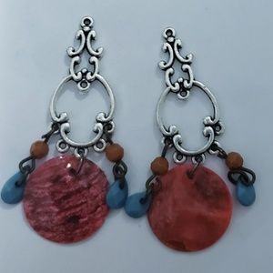 Antique silver red and blue chandelier earrings